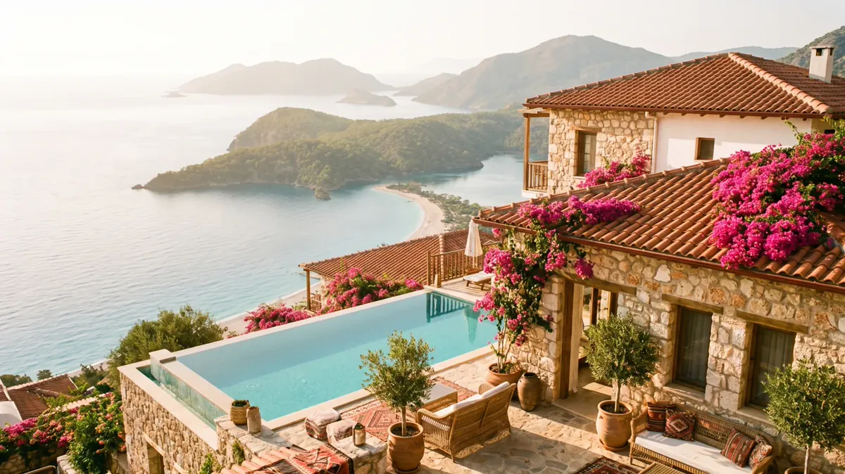 Mavi Koy Hotel demosu önizlemesi — Ölüdeniz manzaralı taş villa ve sonsuzluk havuzu