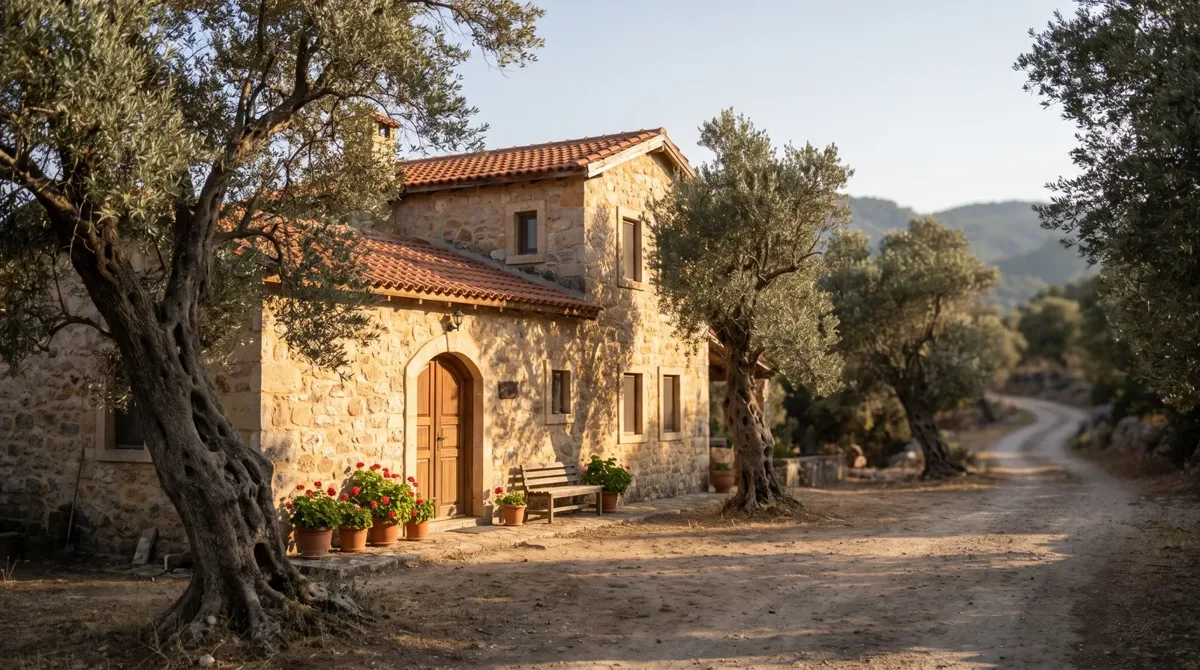 Villa Zeytin emlak demosu önizlemesi — golden-hour taş villa, zeytinlik