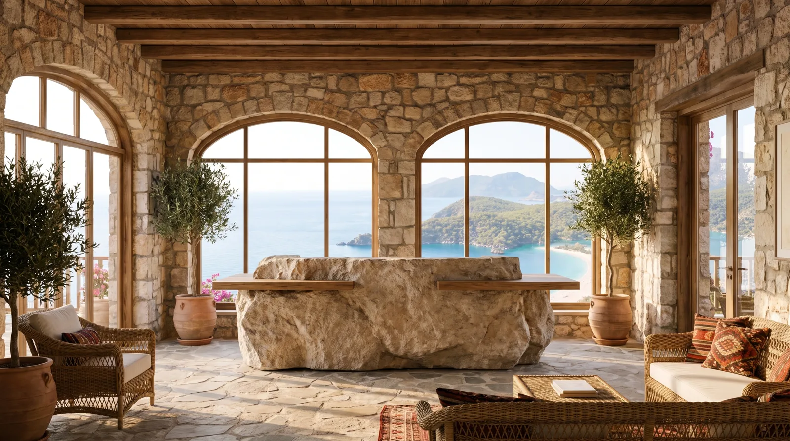 Mavi Koy Hotel lobisi — deniz manzaralı giriş (temsili)