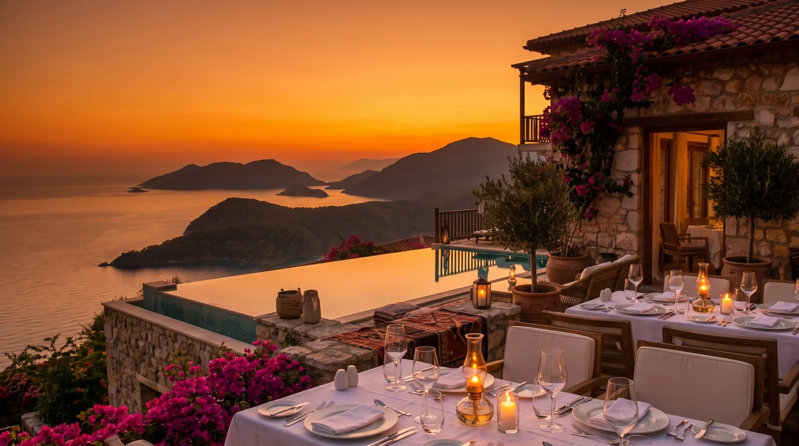 Denizin üstünde akşam yemeği masası, gün batımı — Mavi Koy Hotel (temsili)