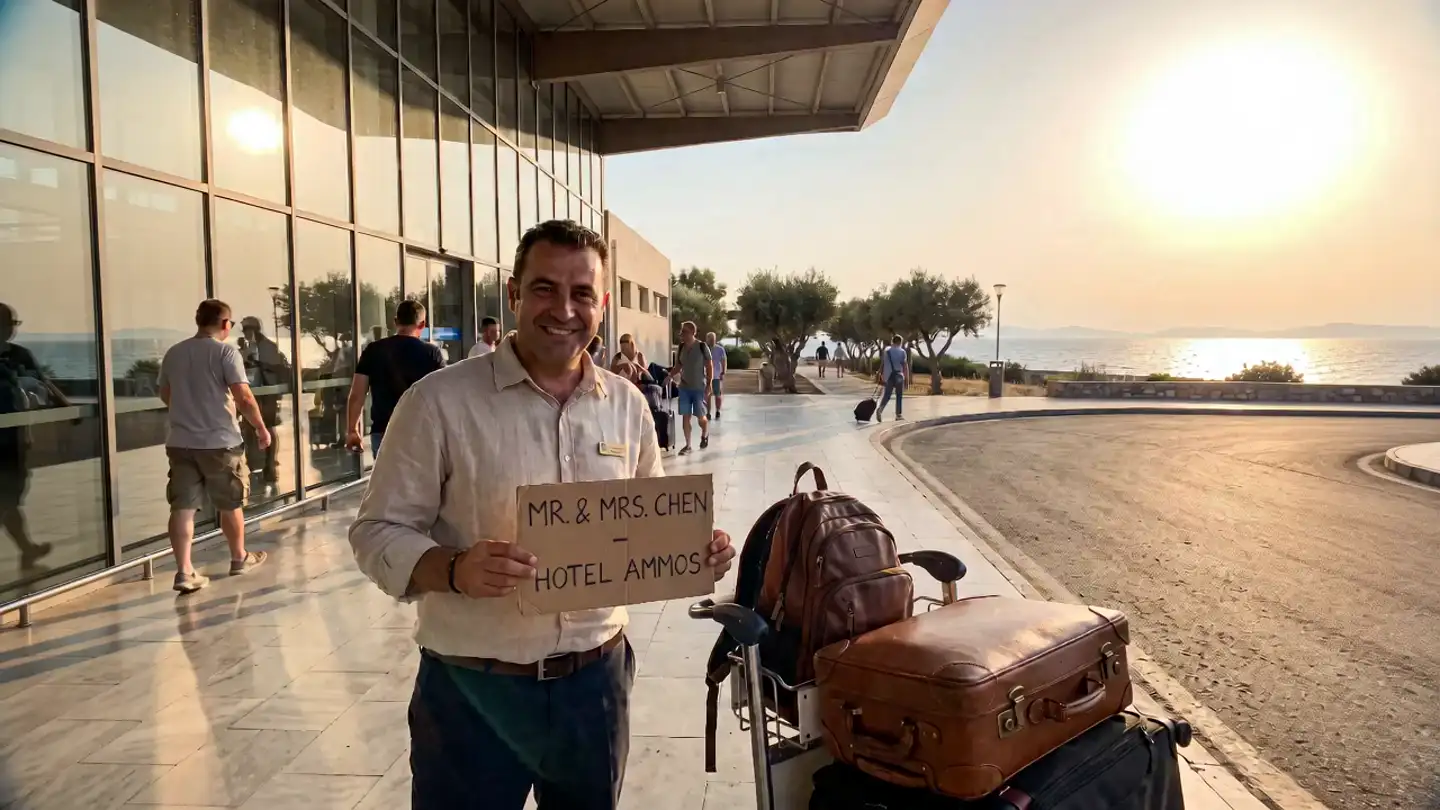 Havalimanında isim tabelasıyla karşılama — Mavi Koy Hotel (temsili)