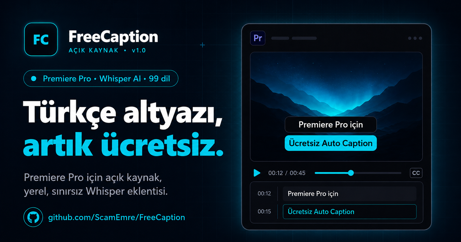 FreeCaption — Premiere Pro için Türkçe Whisper altyazı eklentisi